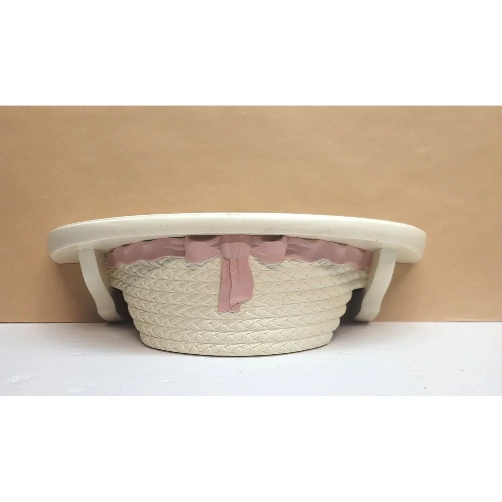 Vtg Burwood Wicker Style Wall Decor Set 6pc White w/Pink Bow Mirror Shelf Hearts